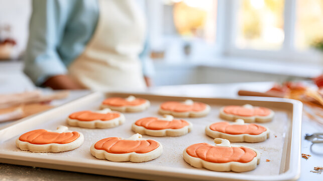 Freshly baked pumpkin shaped sugar cookies with orange icing on a metal baking sheet in a bright cozy home kitchen during autumn season