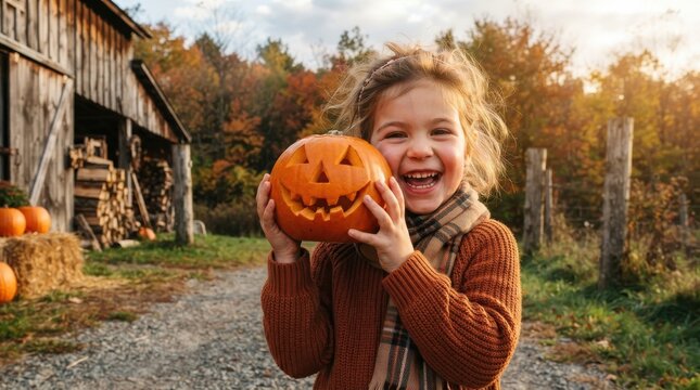 Happy little girl holding a carved jack-o'-lantern pumpkin on a farm