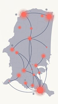 Geographic virus outbreak transmission map showing infection routes and red hotspots across regions. Minimalist vector graphic featuring epidemic spread and health statistics.