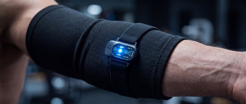 Athlete's arm wearing black compression sleeve with attached muscle activity sensor