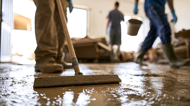 Professional workers team clean and sweep dirty water flood mud after disaster in home room indoor industrial floor sweep tool utility service