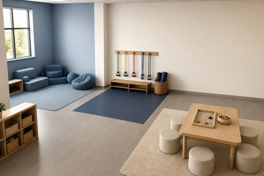 School sensory room zoning with a blue quiet corner and resistance band station beside a tactile table