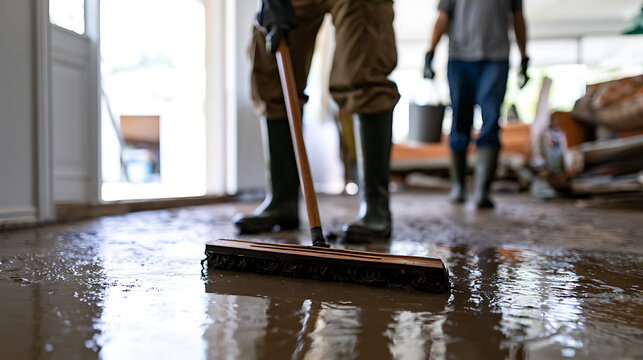 People clean up mud and water inside a flooded house after a natural disaster, wearing rubber boots and work clothes to restore the home