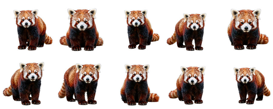 Repeated pattern of adorable red pandas standing on a solid black backdrop