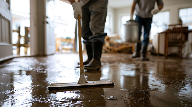 People work hard to remove water from a flooded home using a squeegee and pump after a severe storm disaster incident inside a room
