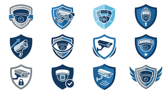 Collection of Security Camera Icons on Shield Backgrounds.