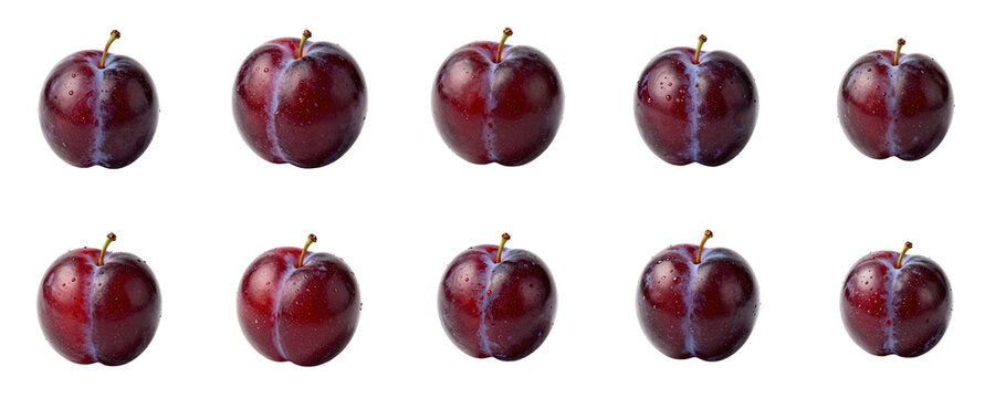 Fresh plums with water droplets arranged in rows on black background