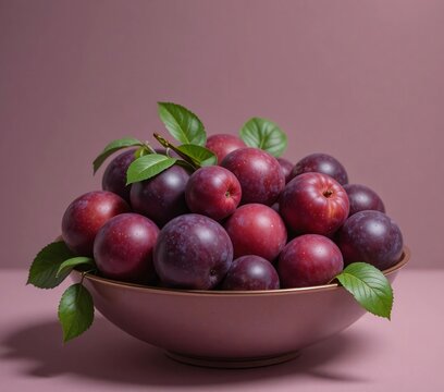 Fresh Purple Plums in Pink Bowl with Green Leaves on Mauve Background