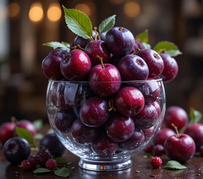 Fresh Ripe Purple Plums in Glass Bowl with Soft Focus Background