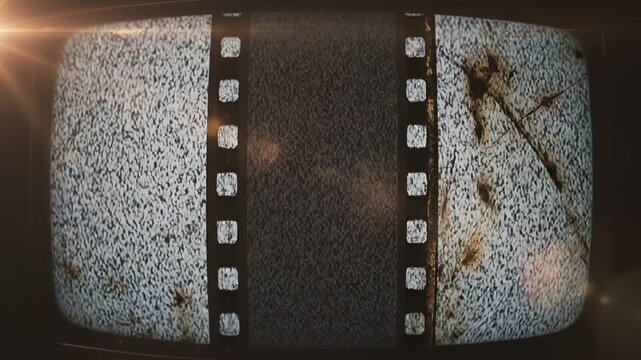 Old film reel with static transitions and light leaks during a digital presentation