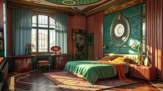 art Deco-style bedroom with burl wood walls, uplifted bed and green emerald inserts. Dramatic yet serene space for ultimate relaxation