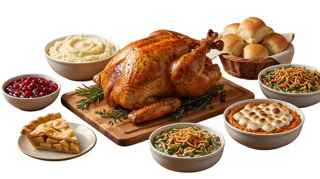 Roasted thanksgiving turkey with side dishes and pumpkin pie isolated on white background