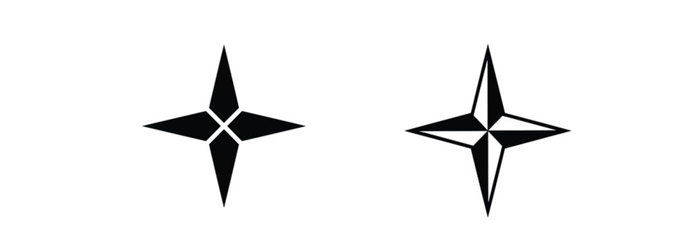 Star silhouette vector graphics of four pointed navigational symbols and compass rose elements
