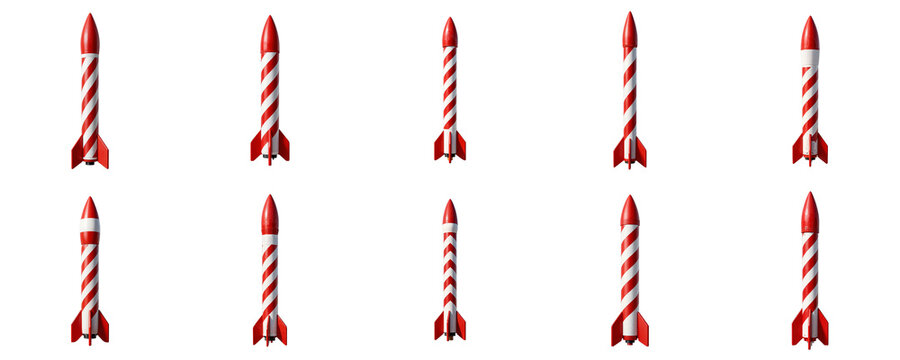 Collection of ten vintage rockets painted in red and white on a black backdrop