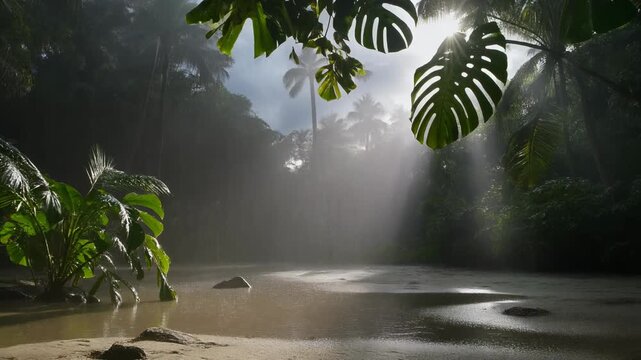 Sunlit Tropical Jungle Mist 4K Generative AI