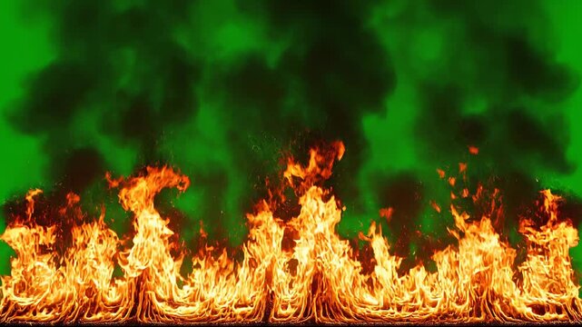 Row of bright orange flames with black smoke rising against a green screen background during a cinematic motion sequence