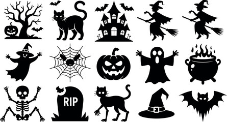 Fototapeta premium Halloween spooky silhouette icon set featuring witch riding broom haunted house black cat ghost skeleton pumpkin graveyard tombstone cauldron spider bat