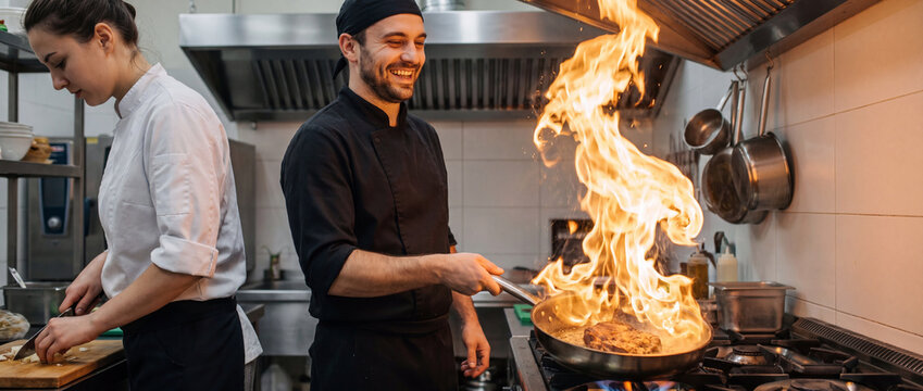 Chef flambeing food with dramatic flame in a stainless steel commercial kitchen, smiling while frying meat in pan for restaurant service and culinary gastronomy themes
