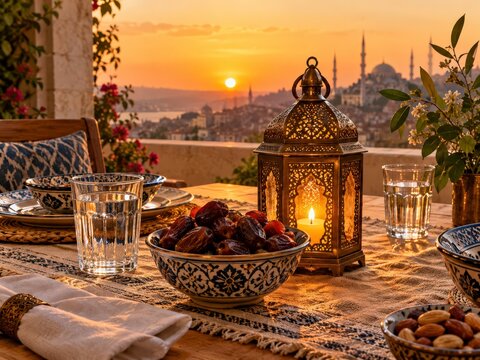 Table laid for Eid iftar with dates and water glasses at sunset in a warm atmosphere
