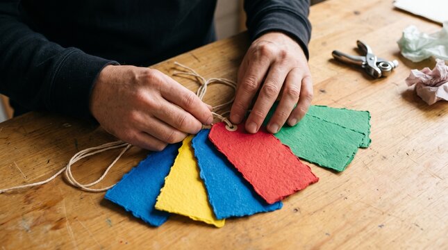 Close up of color coded gift tags in active hands