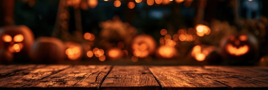 An empty wooden table sits in front of a Halloween scene with glowing jack-o-lanterns lit against a dark garden background.