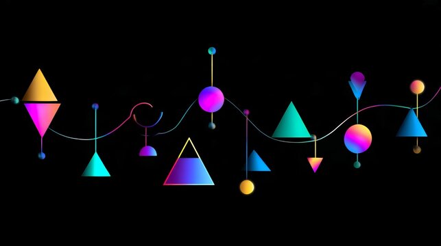Creative 3D colorful geometric garland overlay with hanging neon triangles circles and sphere shapes for modern birthday party design