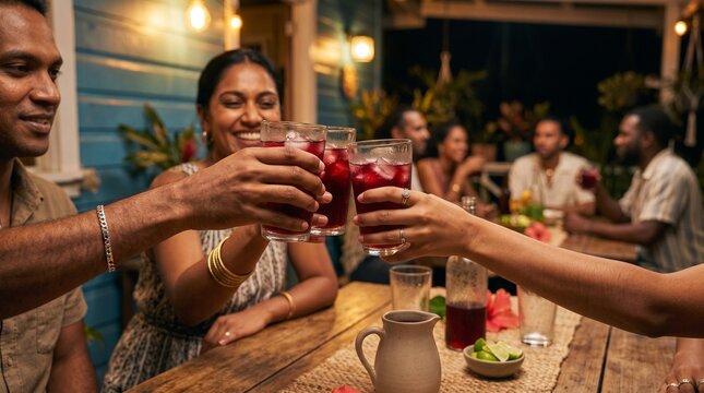 Friends share sorrel after a Trinidad parang rehearsal
