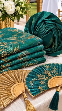 Colorful aso-ebi fabric, gele headwrap, and hand fans arranged on a table before a Nigerian wedding in bright daylight