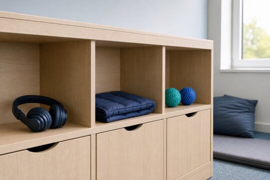 School sensory room cubbies with headphones and textured balls above closed cabinets