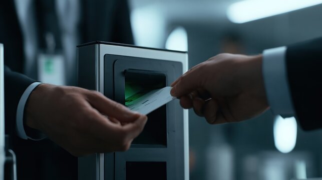 Security guard scans a visitor badge at a badge reader in a modern office lobby. The guards hands are focused on the task.