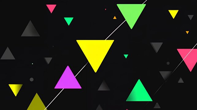 Minimalist colorful floating triangle confetti bunting flags overlay on dark background for stylish birthday party backdrop and invitation