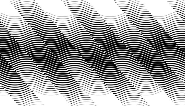 Black and white smooth transition of dynamic lines with diagonal glitch effect. Easily resized and recolored without loosing quality. Vector format illustration. Eps10 