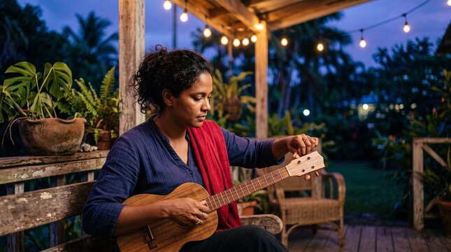 Cuatro player tunes up for a Trinidad parang rehearsal