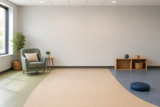 School sensory room with quiet seating and a balance cushion beside a separate tactile zone