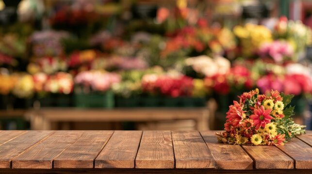 A wooden table stands empty in the foreground while a colorful flower market appears blurred behind it, capturing the essence of spring.
