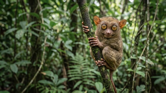 Wide shot of a Philippine Tarsier clinging to a mossy vertical branch in its lush green jungle habitat, showing accurate anatomical detail and large eyes, AI generated
