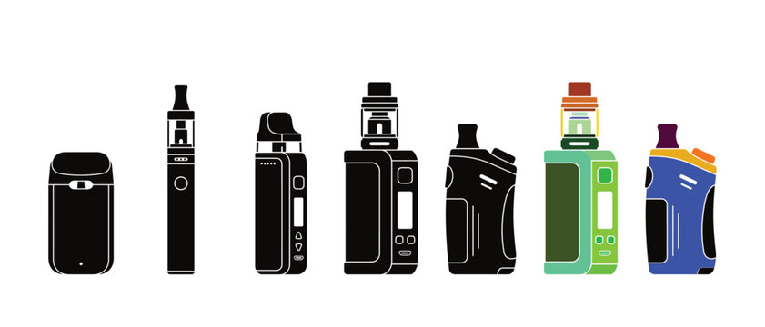 Electronic cigarette and vape pod icon set featuring modern devices, cartridges and smoking accessories for digital graphics, packaging and design.