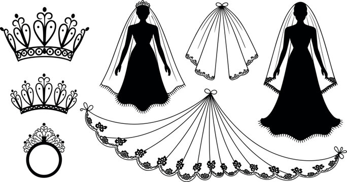 Bridal veil silhouette vector set featuring bride gowns royal crowns tiaras and lace wedding accessories for marriage celebration design
