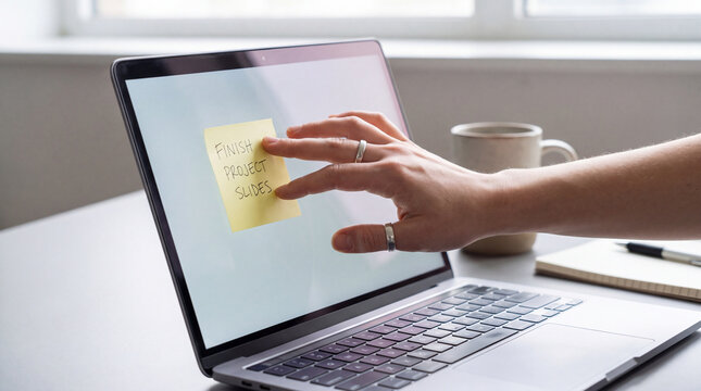 Person touches a yellow sticky note attached to the screen of an open laptop sitting on a desk.