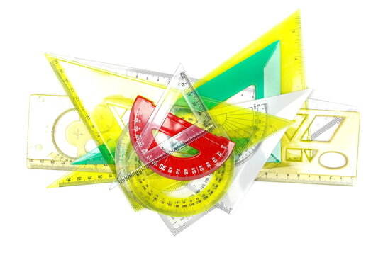 Colorful transparent rulers, triangles and protractors isolated on white background, top view