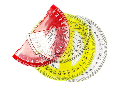 Colorful transparent protractors arranged in a circle isolated on white background, top view