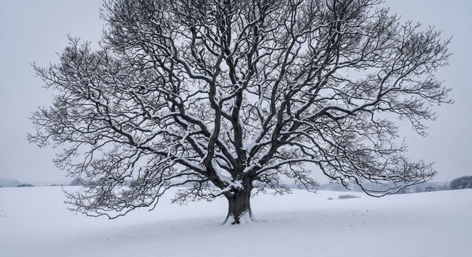 Solitary ancient oak tree standing in a vast snowy field during winter season, bare frozen branches showcase resilience against freezing cold weather, the sprawling crown expands outward into an intricate labyrinth of wood and frost, white dusting covers the dark bark as a striking visual contrast of seasonal dormancy, monochromatic atmosphere envelops the silent countryside under an overcast pale sky, the stark isolation highlights stoic endurance through severe climatic conditions, natural arboricultural architecture mirrors neural network complexity and organic dendritic growth, deep ecological balance within rural dormancy, quiet contemplative landscape emphasizing peaceful solitude and biological survival, broad canopy spread creating balanced symmetry across the pristine blank canvas of the terrain, environmental tranquility and seasonal transformation shaping the open wilderness, quietude of rural wintertime, AI-generated, AI generated
