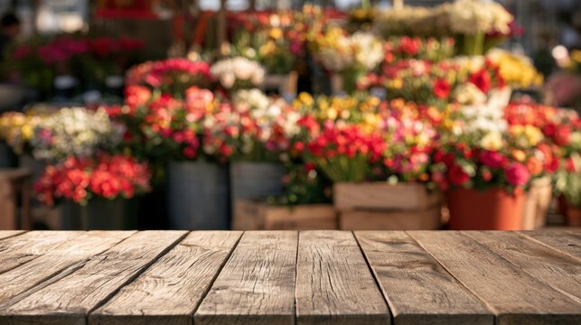Wooden table surface is in the foreground with a blurred flower market behind it. Bright flowers are arranged in stalls for springtime visitors.
