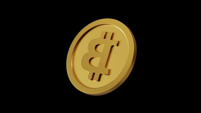 3D Bitcoin Coin Rotating on Alpha Channel. Black Background, Seamless Loop Cryptocurrency Concept. 3D render 4K.
