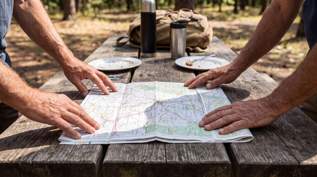Two people point at locations on a paper map spread across a rustic wooden picnic table in nature.