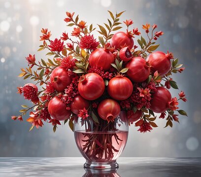 Fresh Red Pomegranates with Leaves and Flowers in Elegant Glass Vase