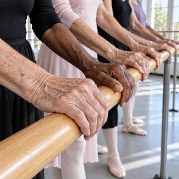 Hands of varied skin tones resting on a ballet barre during a senior ballet class in a bright studio