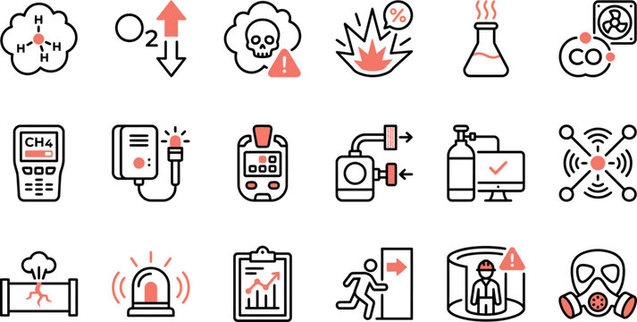 Set of gas detection and safety icons showing chemical sensors equipment hazard signs and emergency warning Outline Stroke Liner icon set bundle collection. Editable Vector Illustration Mega pack