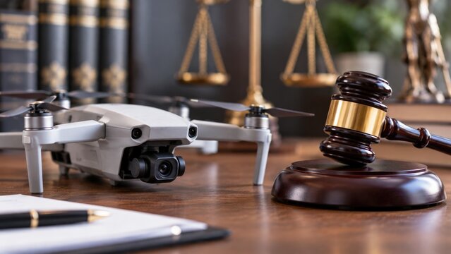 Modern Camera Drone Beside Judge Gavel Representing Drone Regulations Privacy and Aviation Law