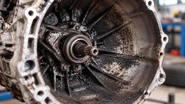 Close Up of Dirty Automotive Transmission Housing with Input Shaft During Repair